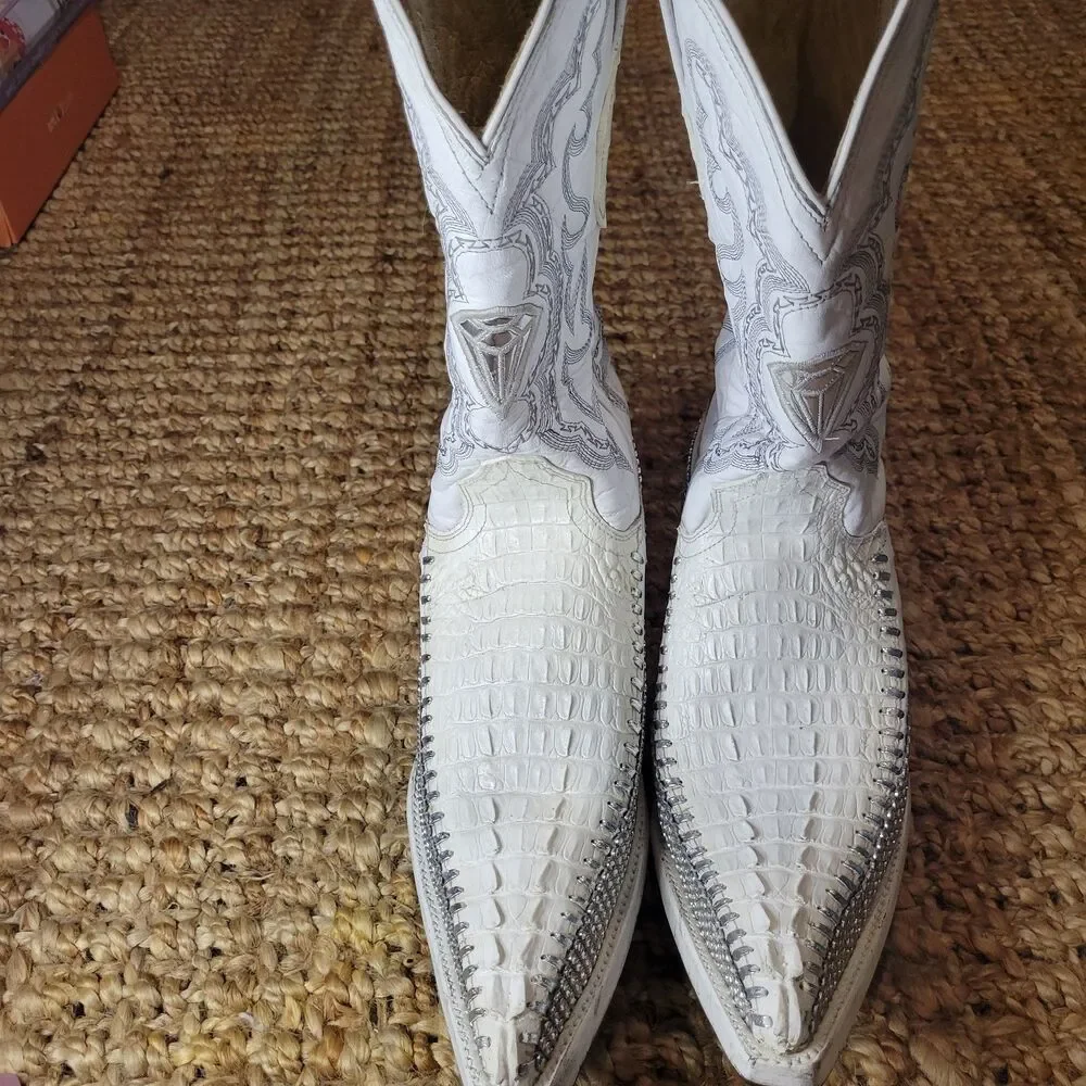 White Diamonds Crocodile Skin Leather Western Cowboy Boots White Bling 8.5 Men's
